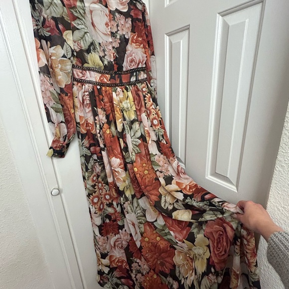 L’Artiste Floral Dress Maxi Autumn Dress Studs Size Small Red Pink Brown Flowers - Picture 13 of 13
